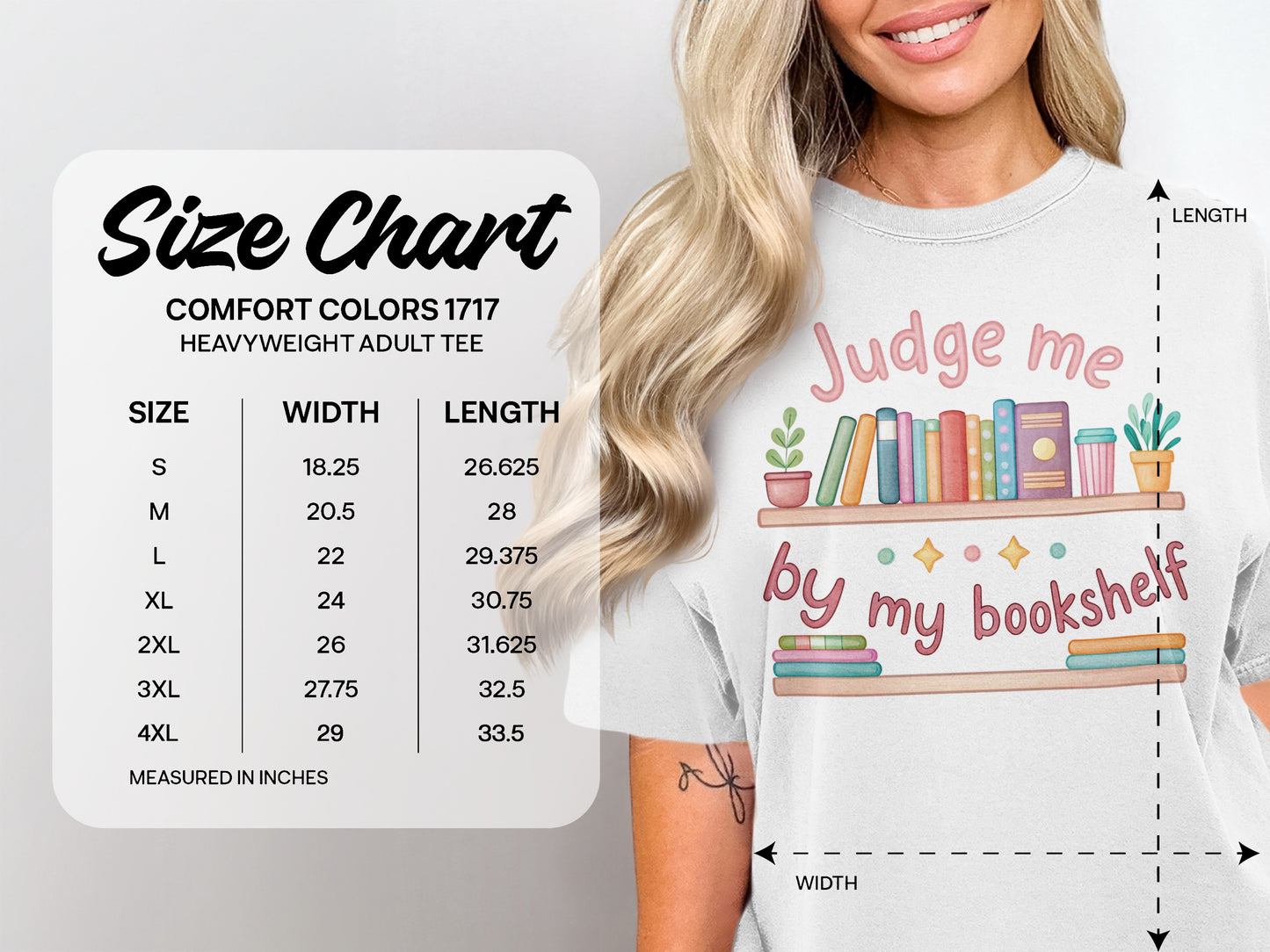 Comfort Colors 1717 heavyweight adult tee size chart with measurements.