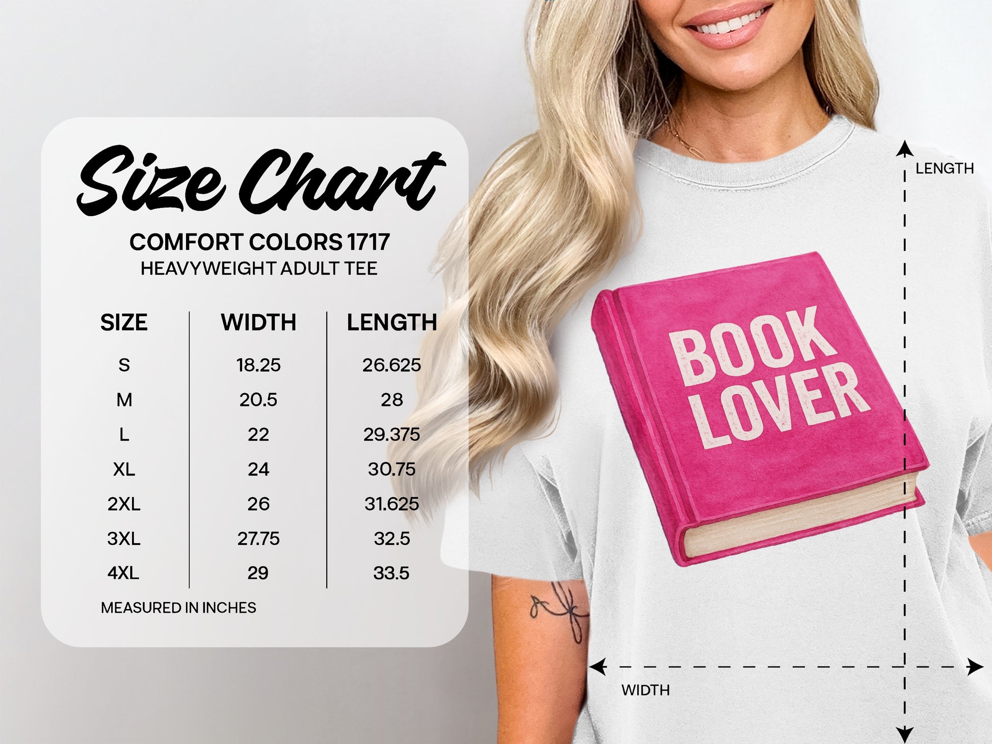 Size chart for Comfort Colors 1717 heavyweight adult tee.