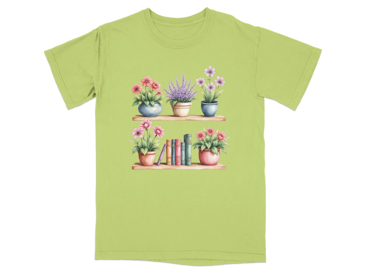 Light green t-shirt with watercolor illustration of shelves holding flowers and books.