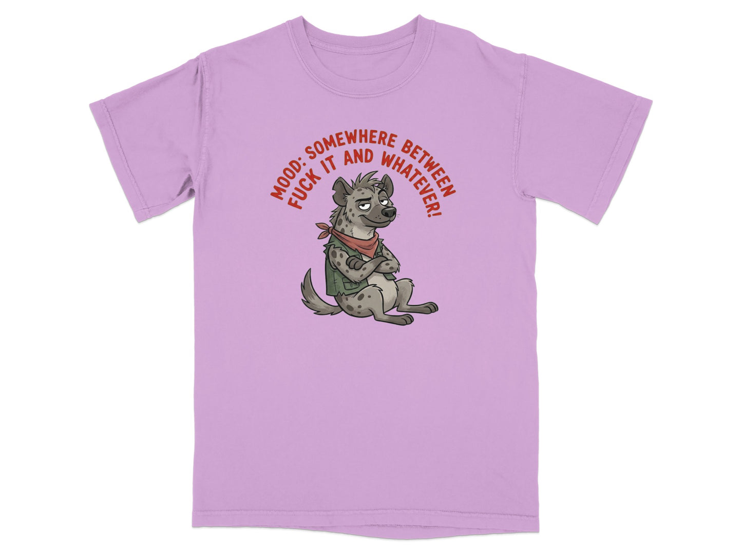 T-shirt with cartoon hyena saying "Mood: Somewhere between fuck it and whatever".