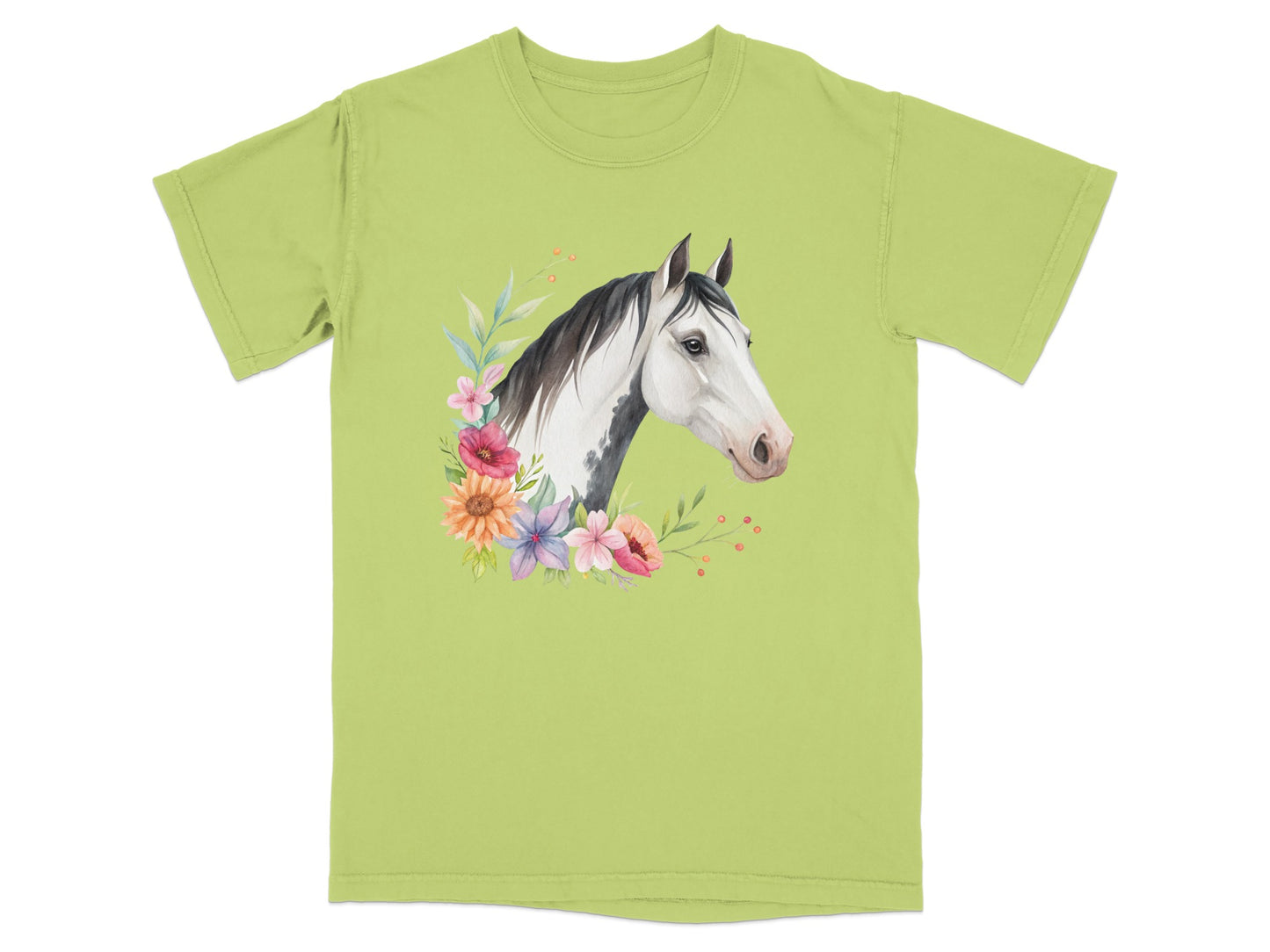 Green t-shirt with a watercolor painting of a horse head surrounded by flowers.