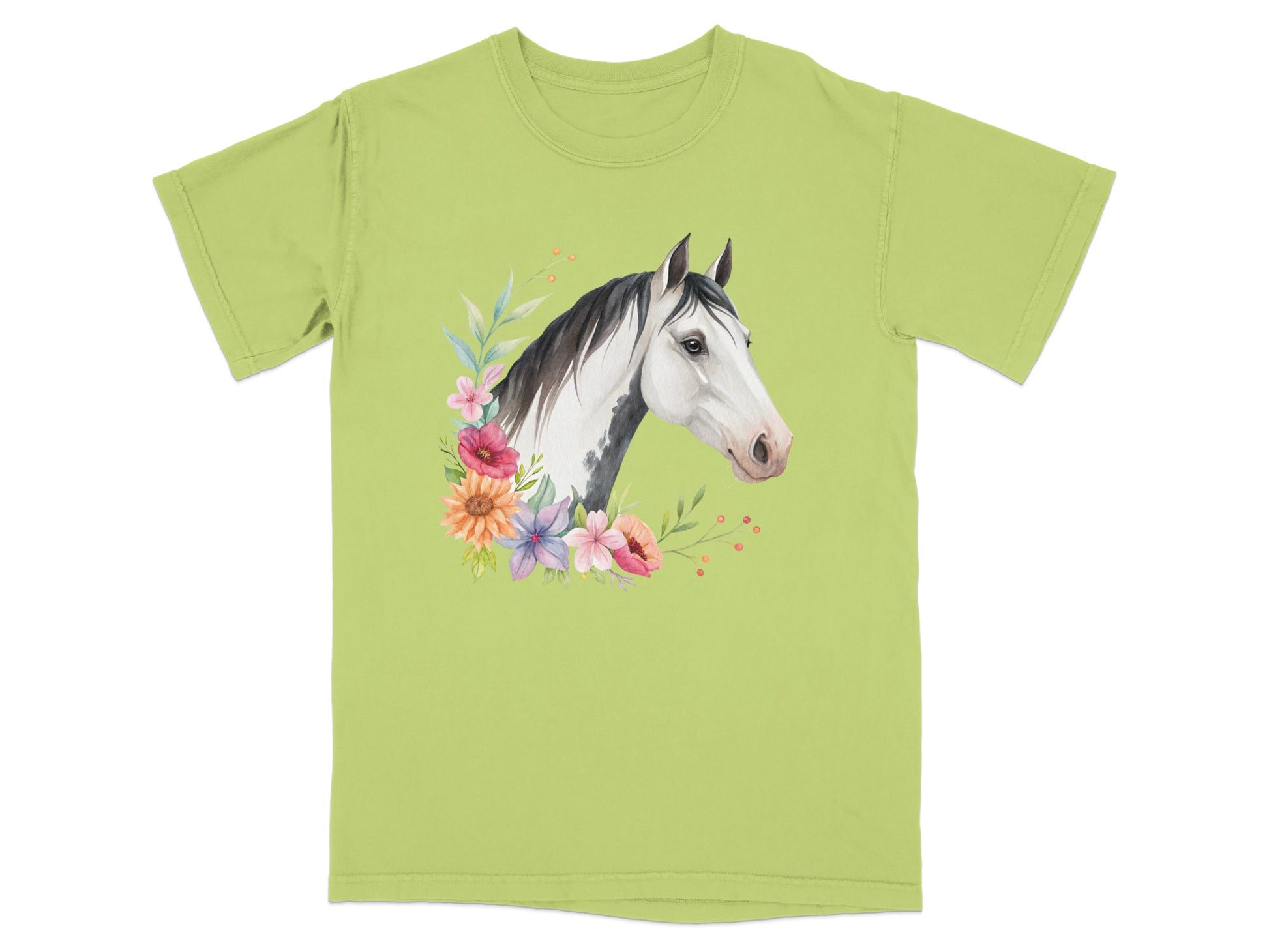 Green t-shirt with a watercolor painting of a horse head surrounded by flowers.
