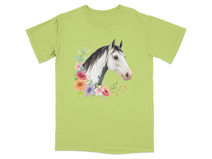 Green t-shirt with a watercolor painting of a horse head surrounded by flowers.