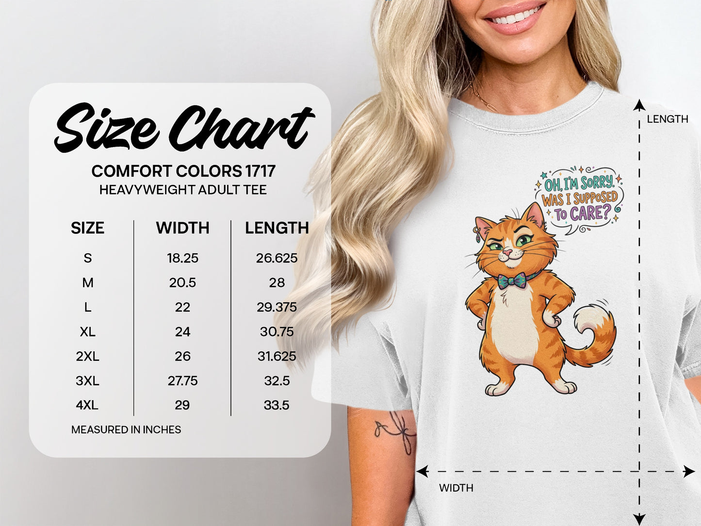 Comfort Colors 1717 heavyweight tee size chart with cartoon cat.