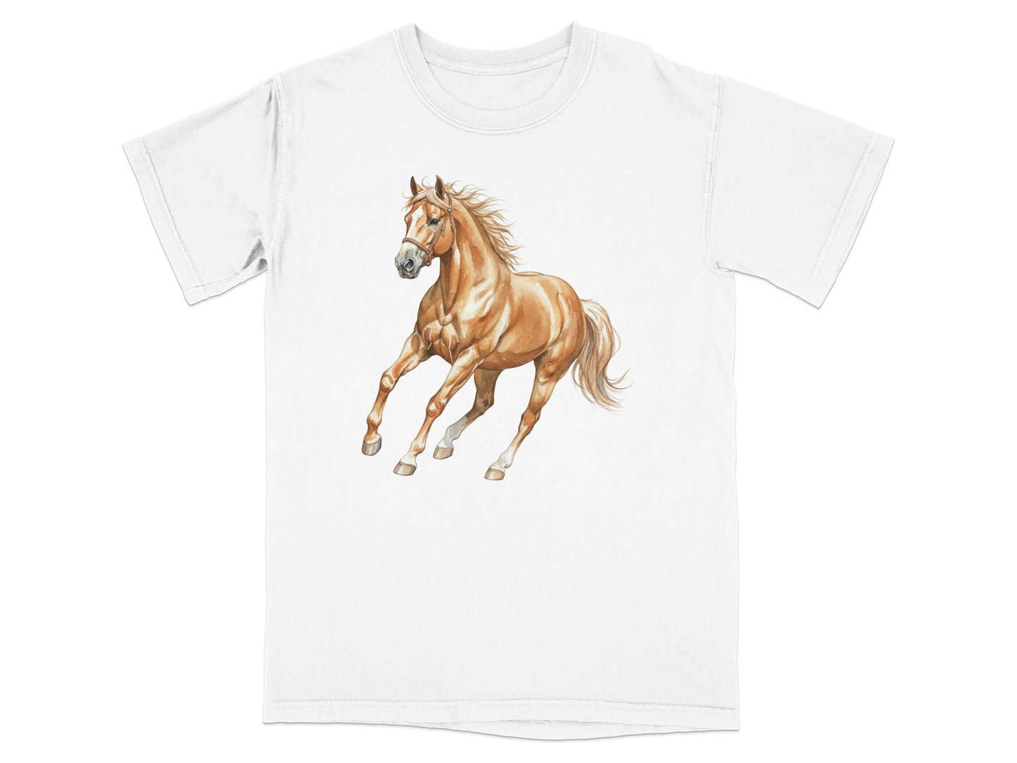 White t-shirt with a watercolor painting of a galloping golden horse.