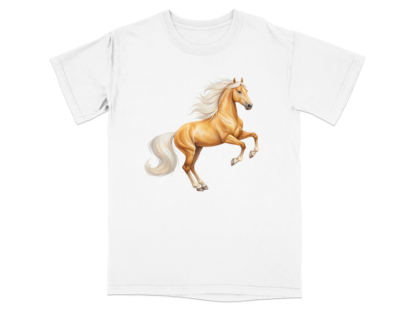 White t-shirt featuring a digital painting of a rearing golden horse.