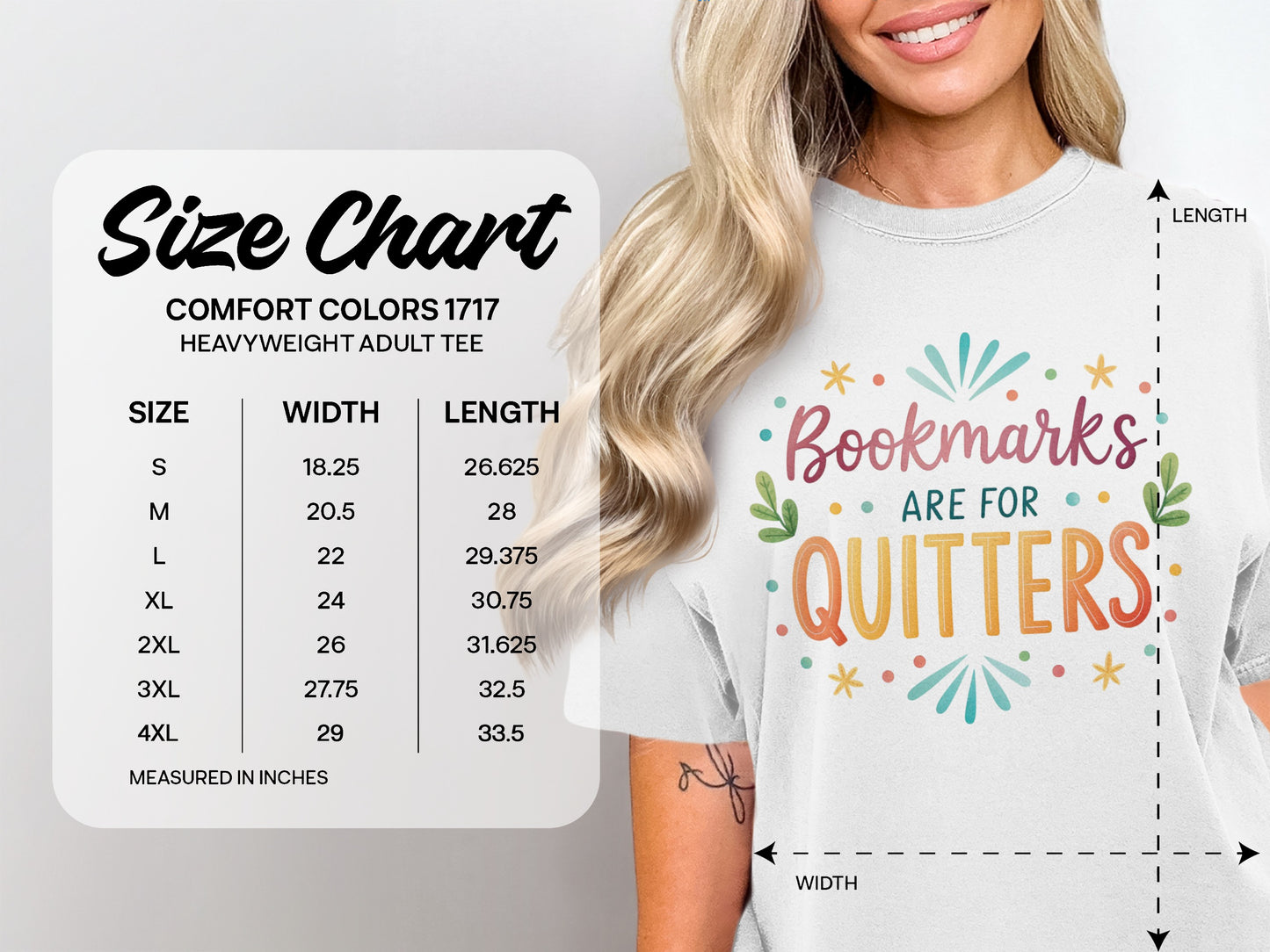 Comfort Colors 1717 heavyweight adult tee size chart with measurements in inches.