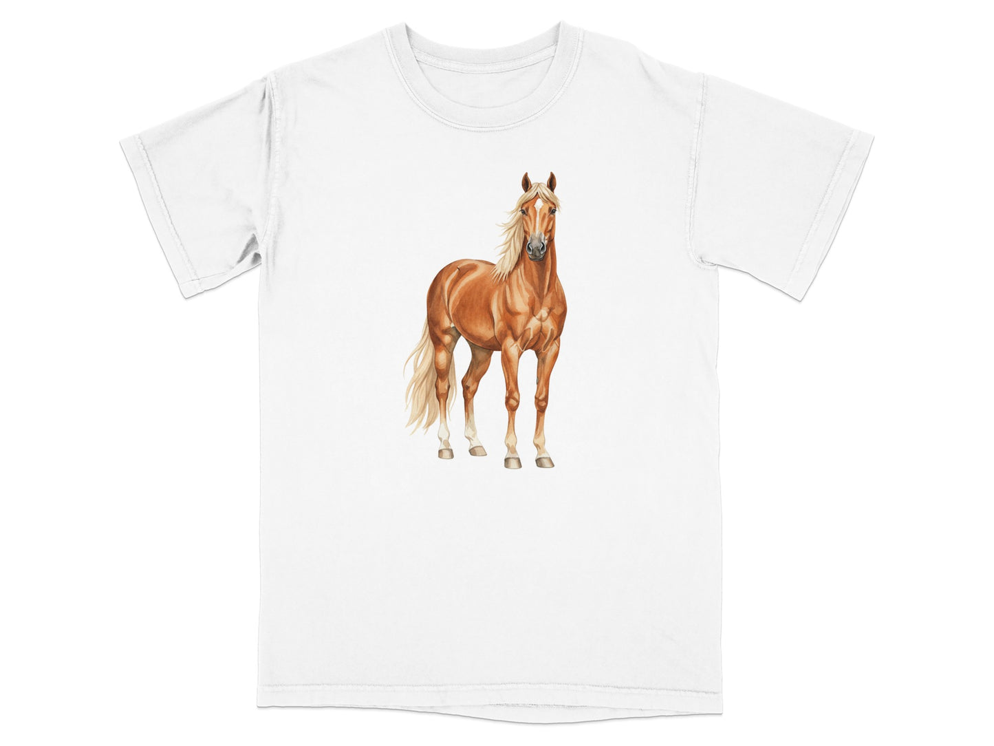 White t-shirt with a realistic painting of a chestnut horse.