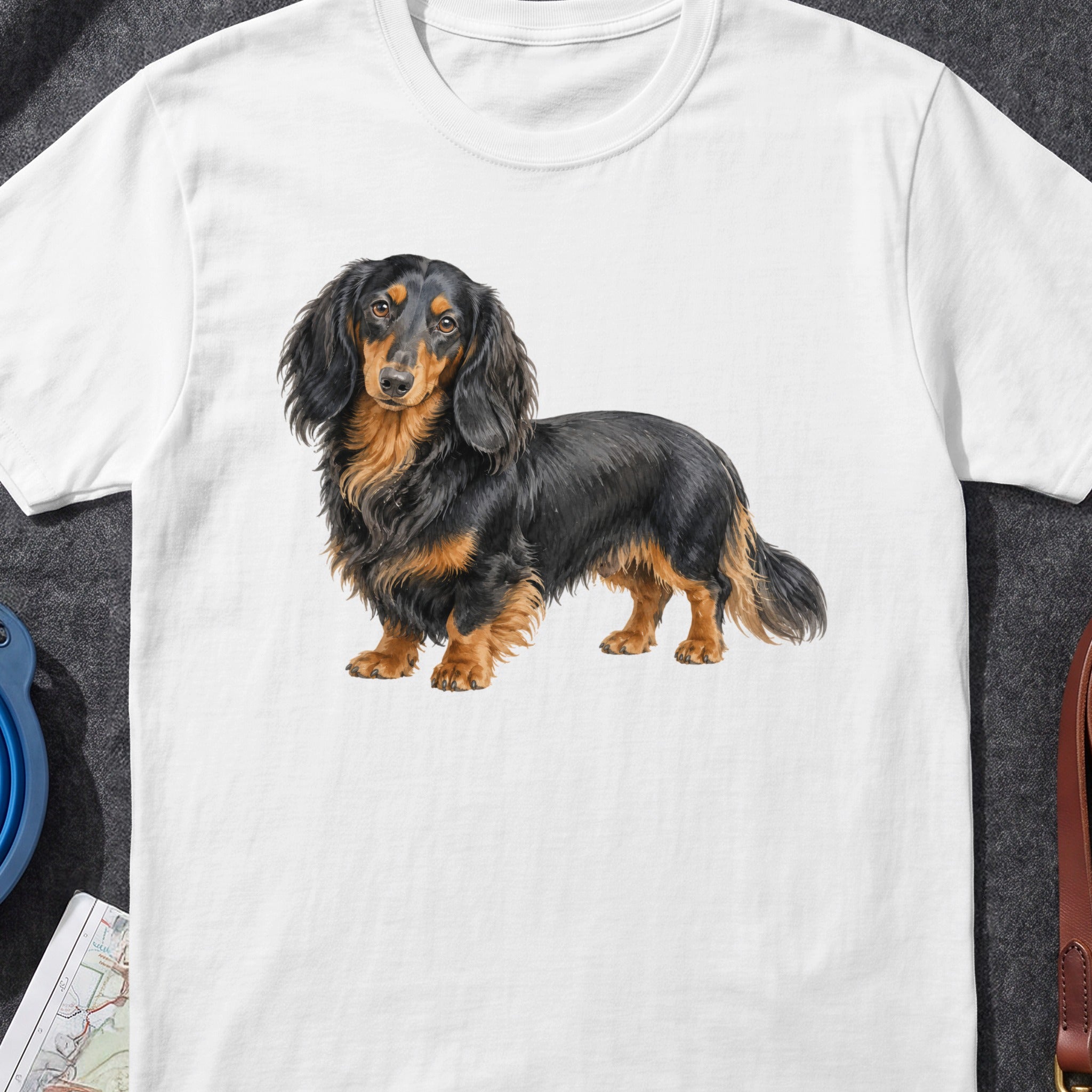 Watercolor illustration of a long-haired black and tan dachshund on a white t-shirt.