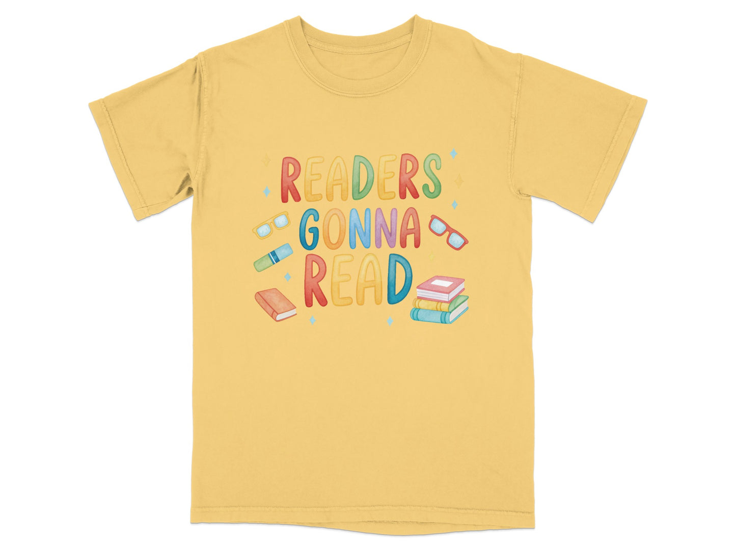 Yellow t-shirt with "Readers Gonna Read" text and cartoon books and glasses.
