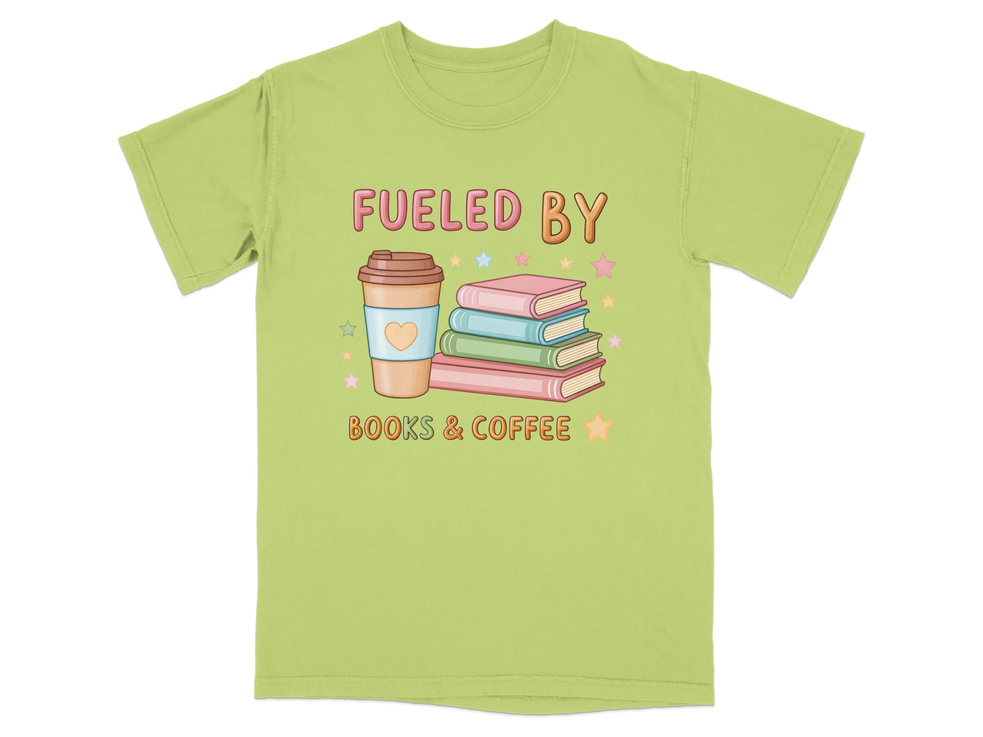 Green t-shirt with "Fueled by Books & Coffee" and stack of books.