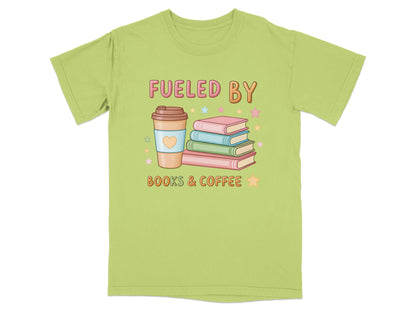 Green t-shirt with "Fueled by Books & Coffee" and stack of books.
