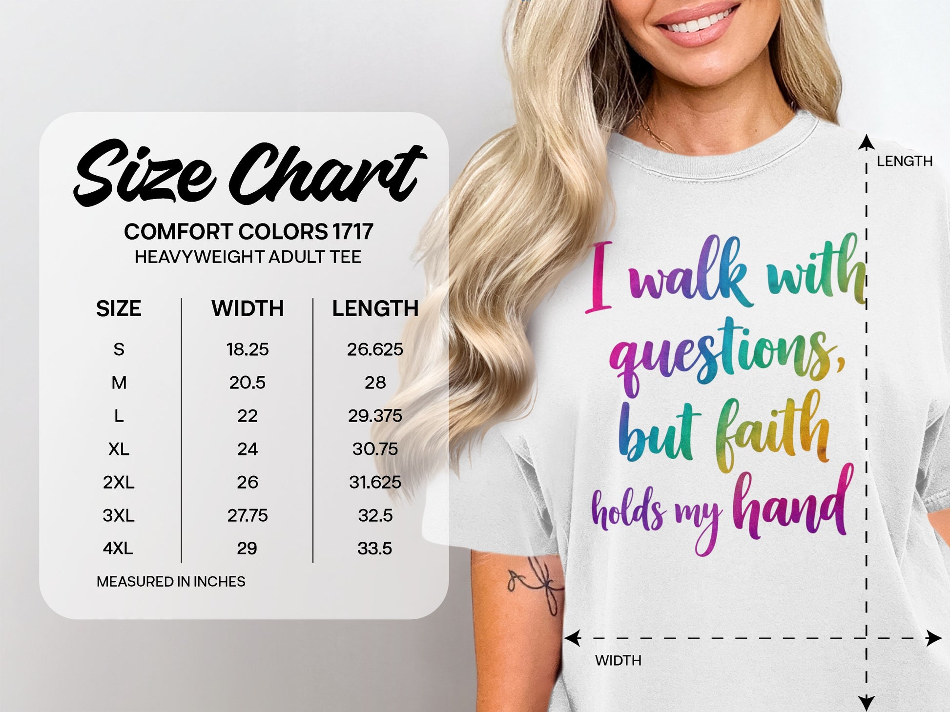 Comfort Colors heavyweight adult tee size chart with measurements in inches.
