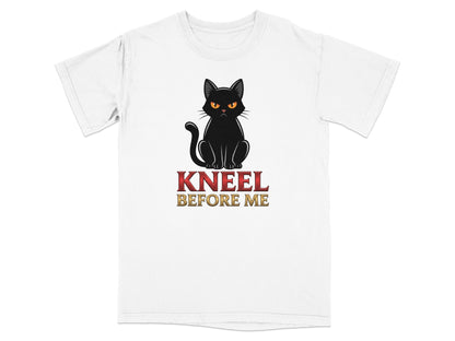 Black cat with orange eyes above text "Kneel Before Me".