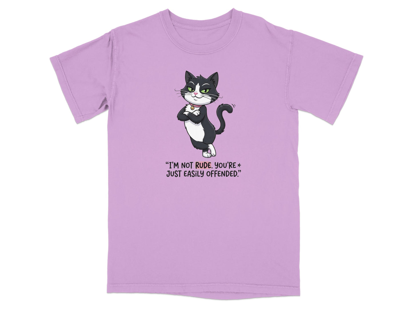Cat wearing a collar, with arms crossed and text: "I'M NOT RUDE, YOU'RE JUST EASILY OFFENDED."