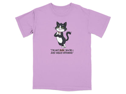 Cat wearing a collar, with arms crossed and text: "I'M NOT RUDE, YOU'RE JUST EASILY OFFENDED."