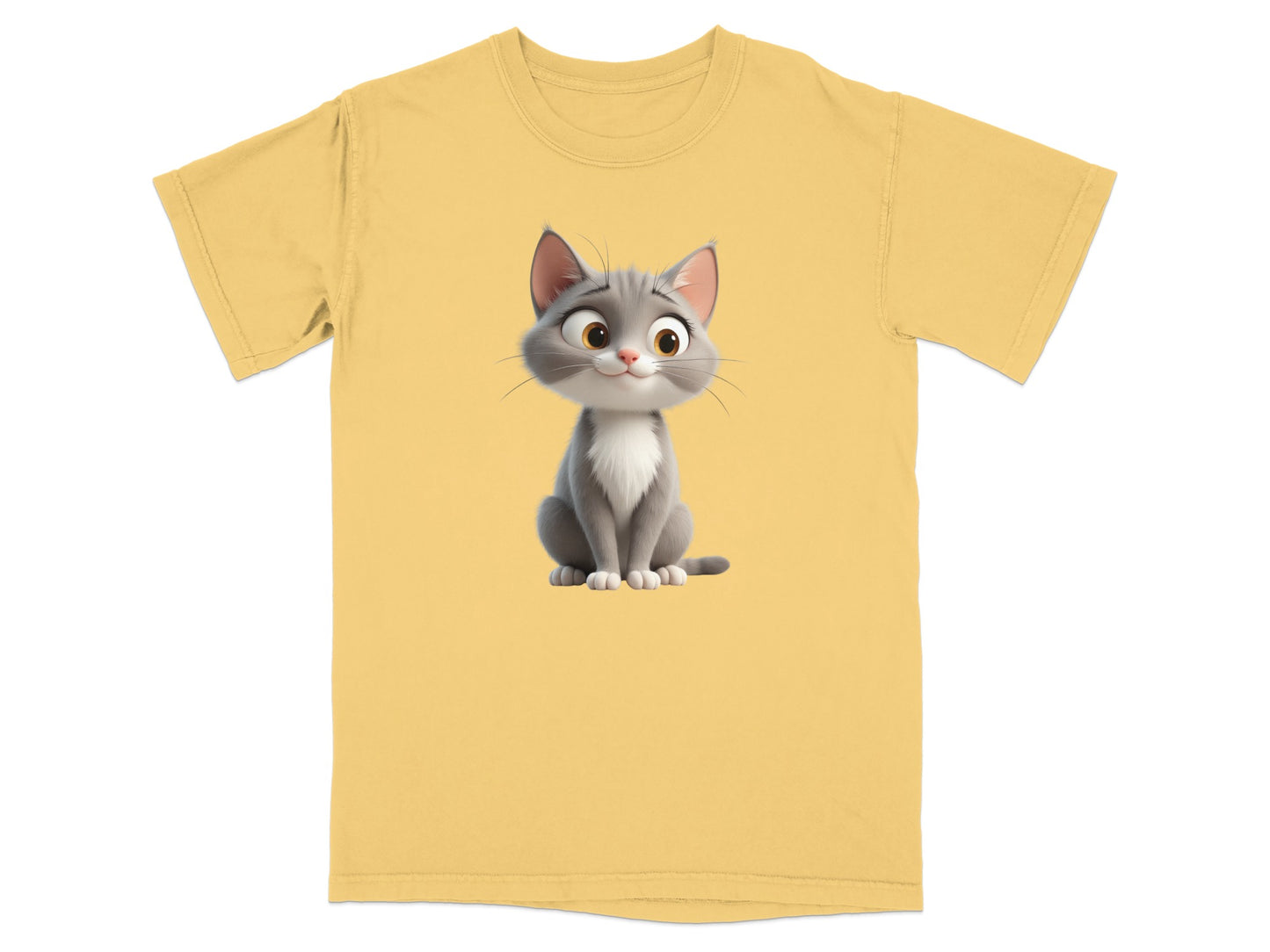 Cartoon cat graphic on a yellow t-shirt.