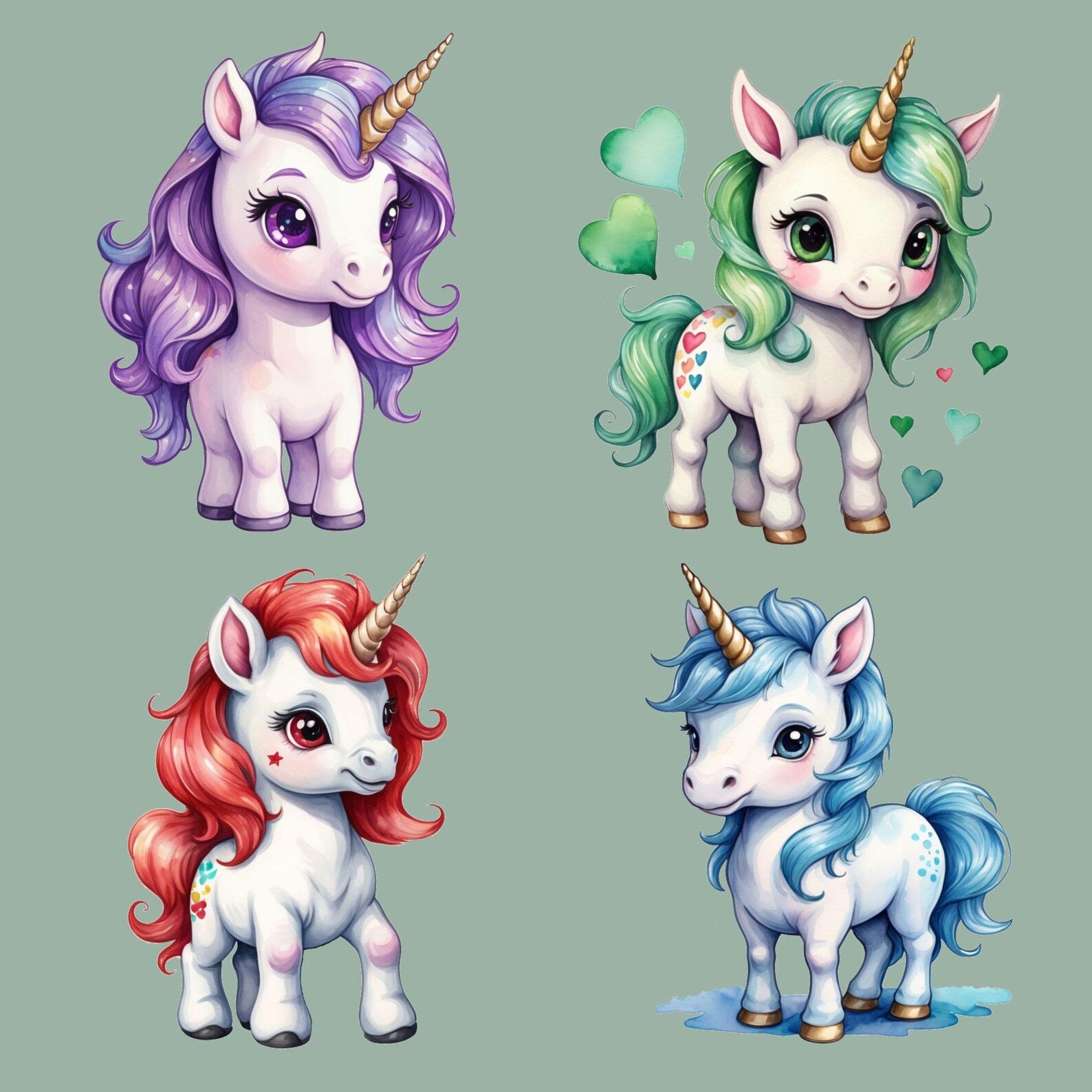 Watercolor Unicorn Clipart Bundle | 12 PNG Designs
