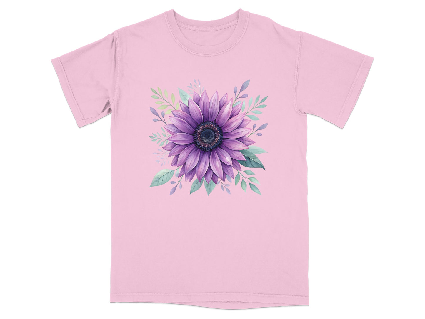 Pink t-shirt with purple sunflower and green leaves graphic.