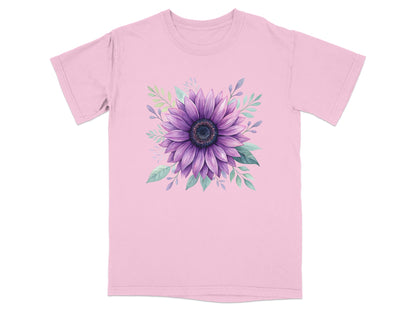Pink t-shirt with purple sunflower and green leaves graphic.