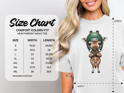 Size chart for Comfort Colors 1717 heavyweight adult tee with giraffe graphic.