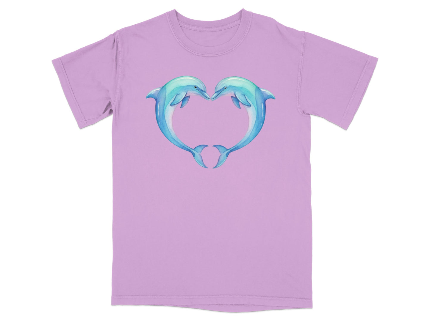 Two dolphins in a heart shape, purple t-shirt graphic.
