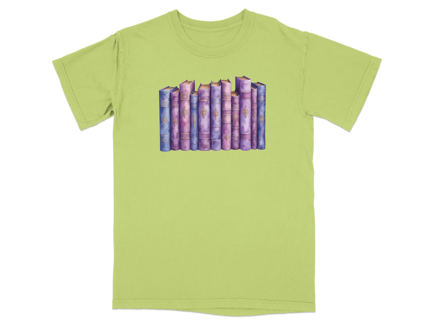 T-shirt with a watercolor illustration of a row of colorful books.