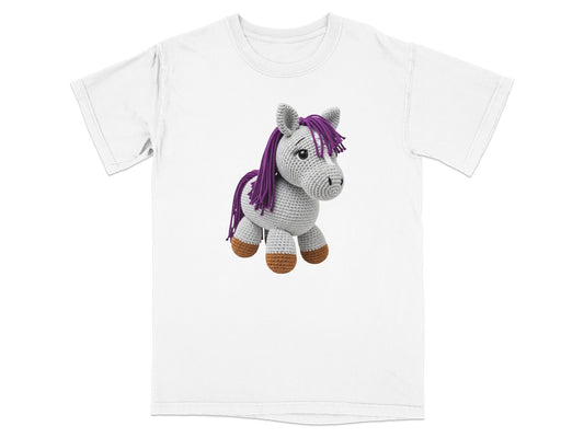 White t-shirt featuring a crocheted gray horse with purple mane and brown hooves.