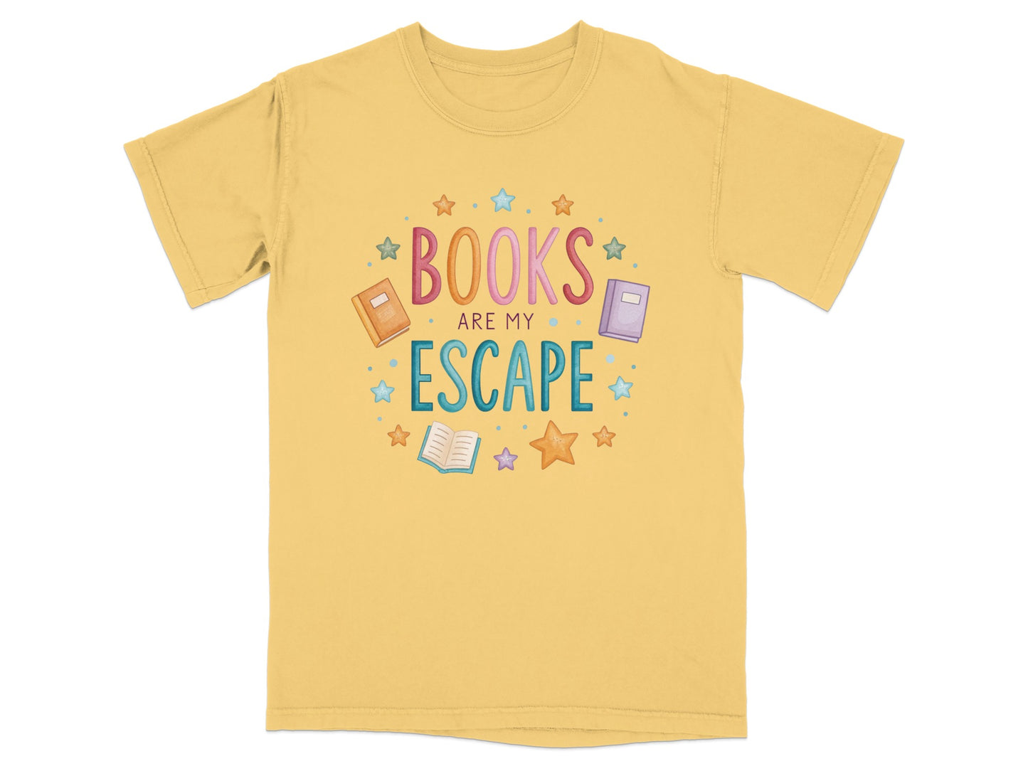 Yellow t-shirt with "BOOKS ARE MY ESCAPE" and colorful stars and books.