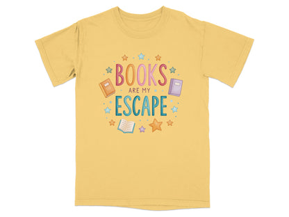 Yellow t-shirt with "BOOKS ARE MY ESCAPE" and colorful stars and books.
