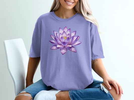 Lavender t-shirt with a purple lotus flower graphic on the chest.