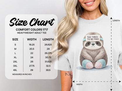Comfort Colors 1717 adult tee size chart with measurements in inches.