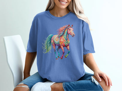 T-shirt with a colorful, patterned horse design.