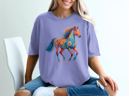 Purple t-shirt with a colorful, stylized galloping horse graphic.