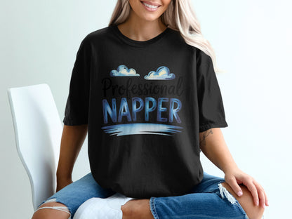 Black t-shirt with "Professional Napper" and cloud graphics.