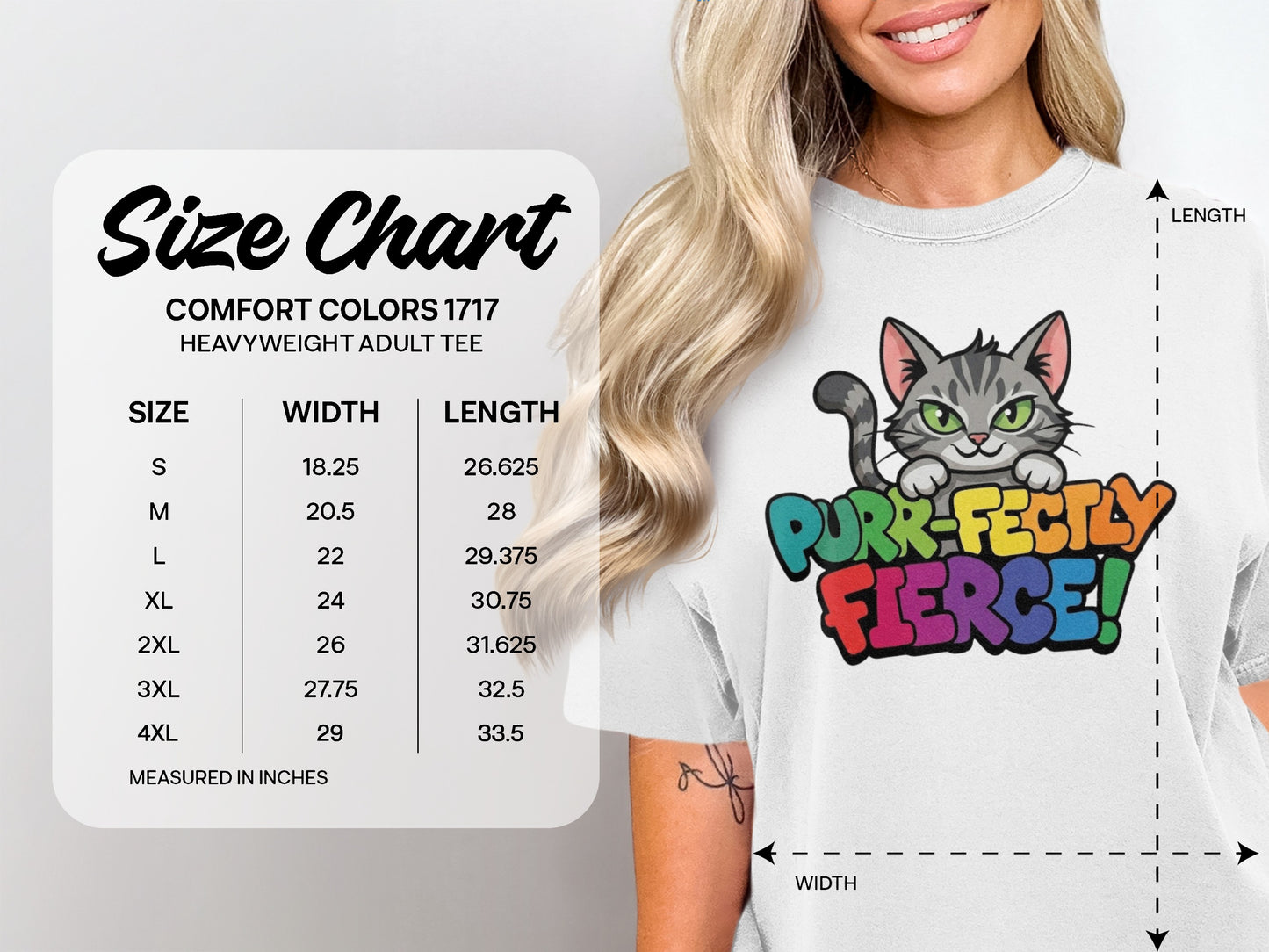 Size chart for heavyweight adult tee with cat graphic saying "Purr-fectly Fierce!".