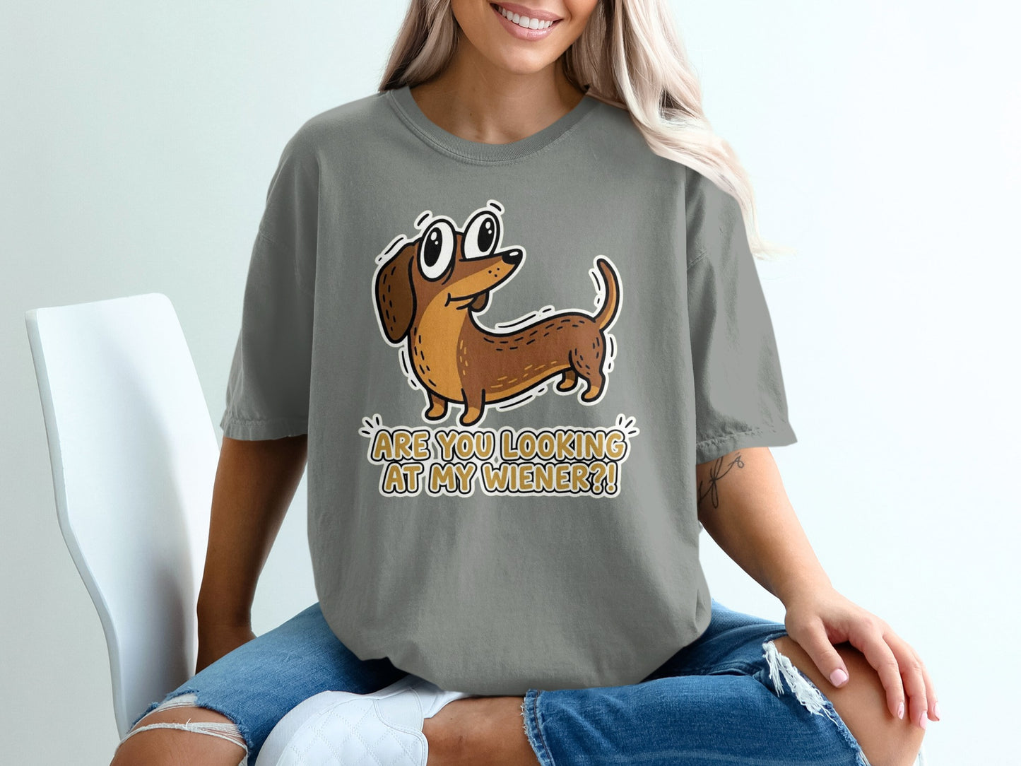 Gray t-shirt with cartoon dachshund and text "ARE YOU LOOKING AT MY WIENER?!".