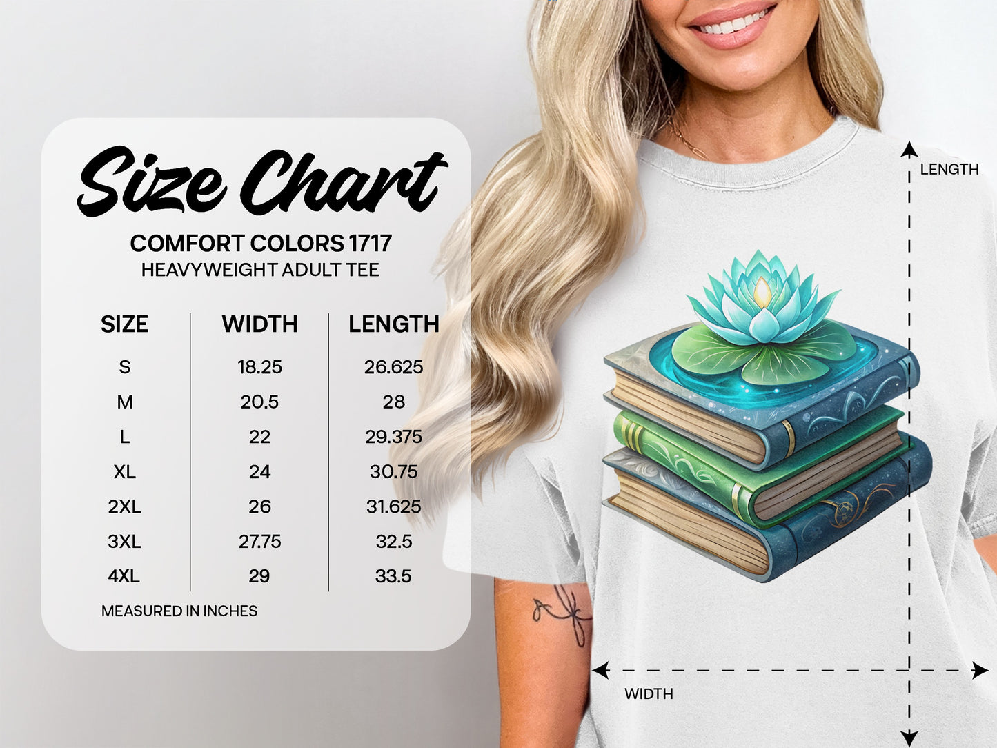 Comfort Colors 1717 heavyweight adult tee size chart with measurements in inches.