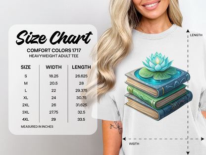 Comfort Colors 1717 heavyweight adult tee size chart with measurements in inches.