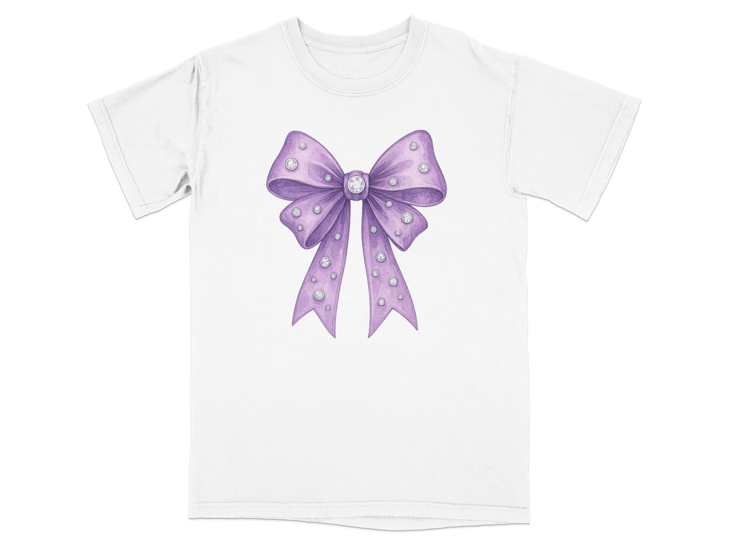 Purple bow with diamonds on a white t-shirt.