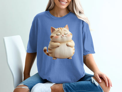 Blue t-shirt with a cartoon of a chubby, happy cat.