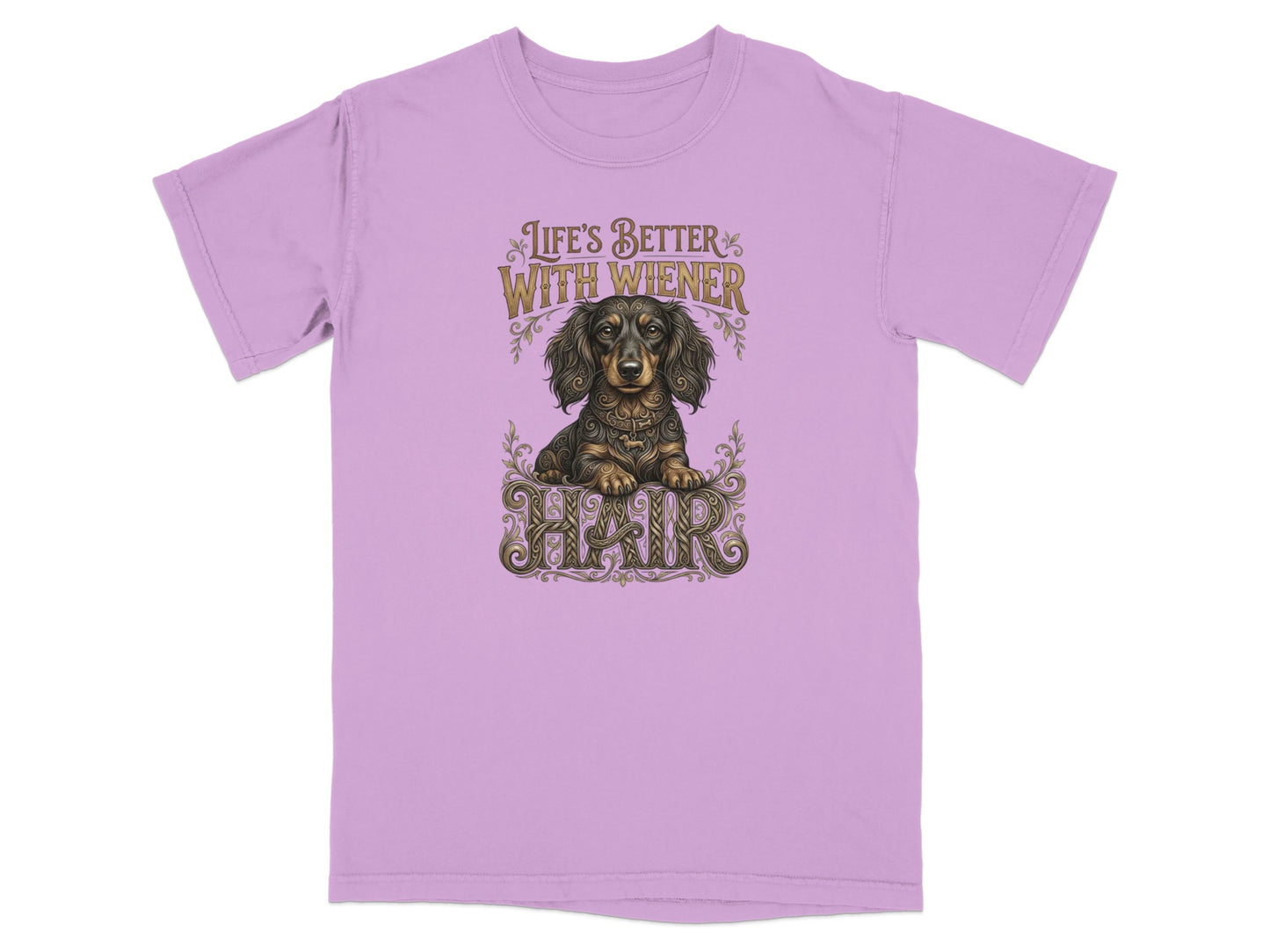 Purple t-shirt with ornate dachshund graphic and "Life's Better With Wiener" text.