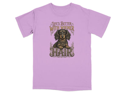 Purple t-shirt with ornate dachshund graphic and "Life's Better With Wiener" text.