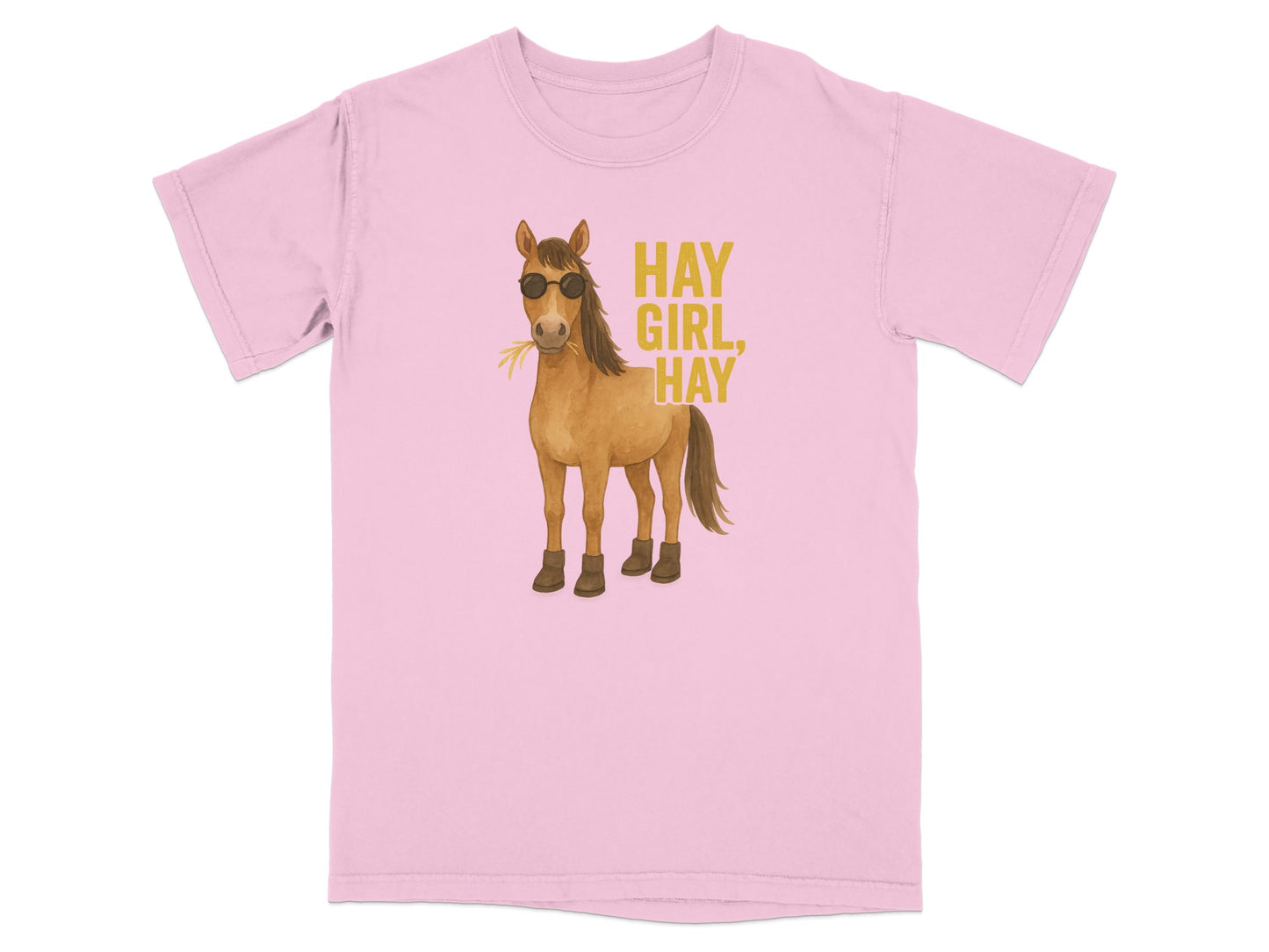 Horse wearing sunglasses and boots on pink t-shirt with "Hay Girl, Hay" text.