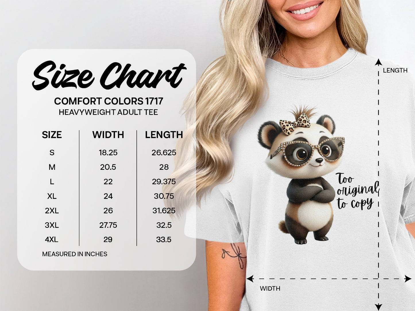 Comfort Colors 1717 heavyweight adult tee size chart with panda graphic.