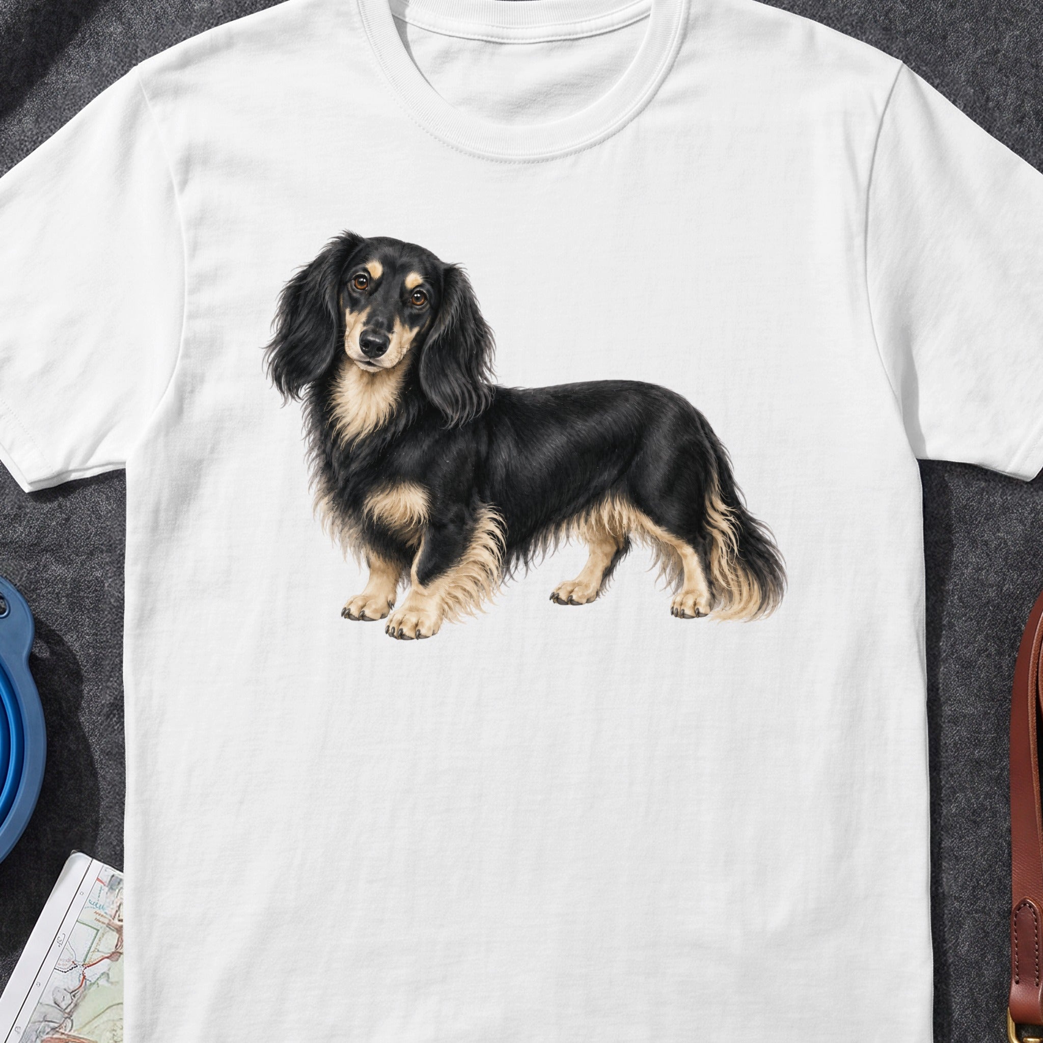Long-haired black and tan dachshund with alert expression on a white t-shirt.