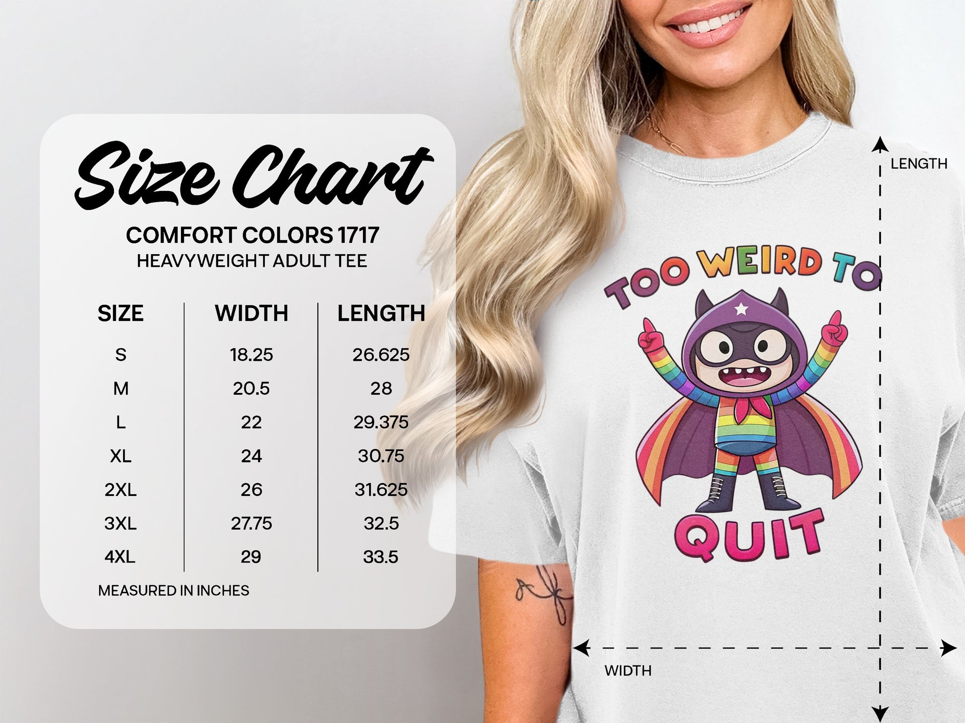 Comfort Colors 1717 size chart for heavyweight adult tees with garment measurements.