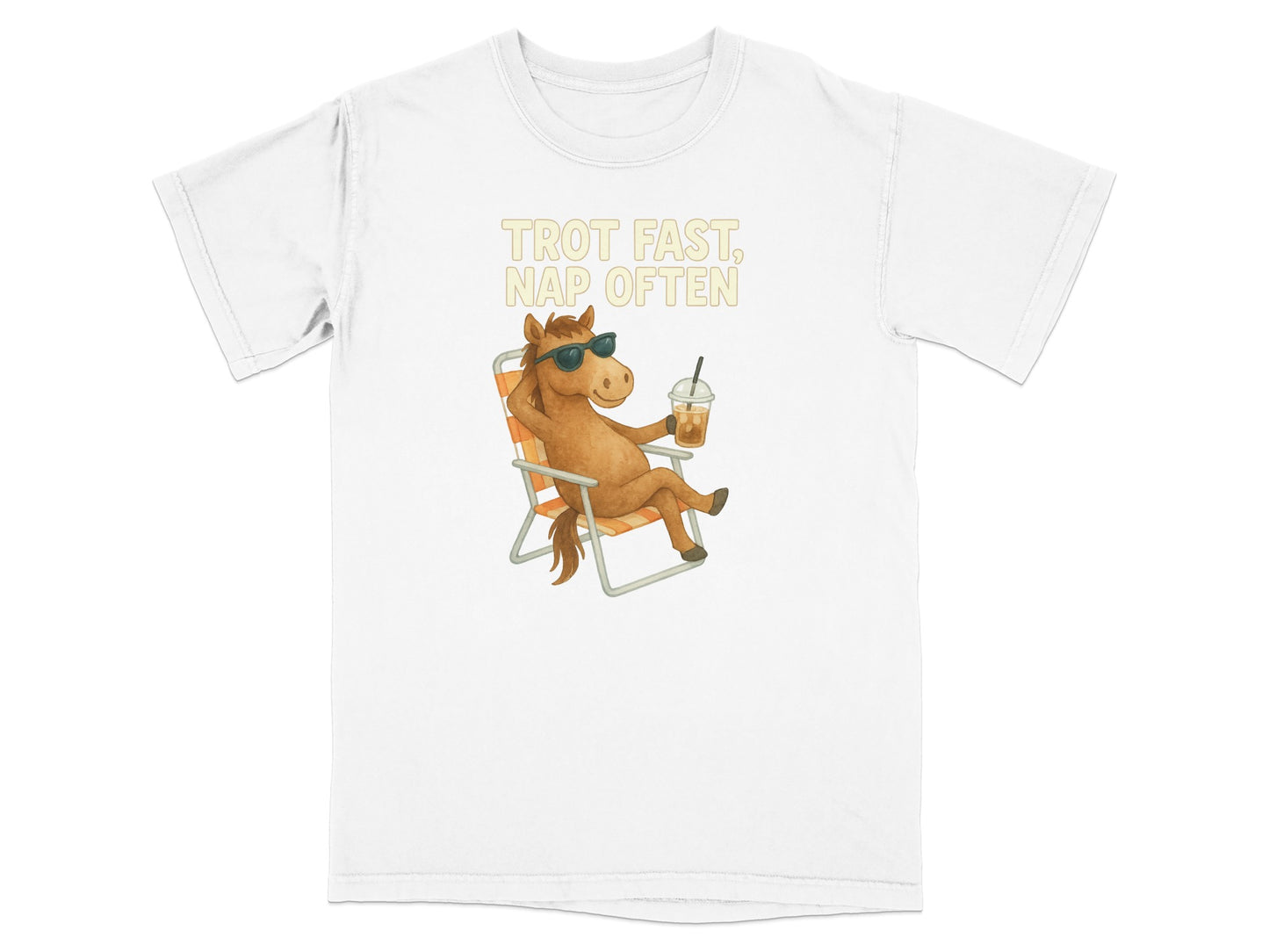 T-shirt graphic of a horse wearing sunglasses, relaxing in a beach chair with a drink.