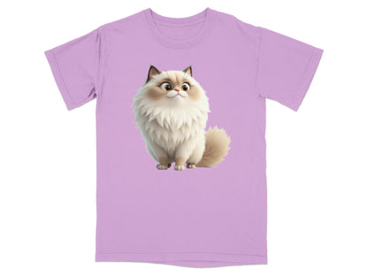 Fluffy cartoon cat graphic on a light purple t-shirt.