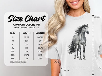 Comfort Colors 1717 heavyweight adult tee size chart with measurements.